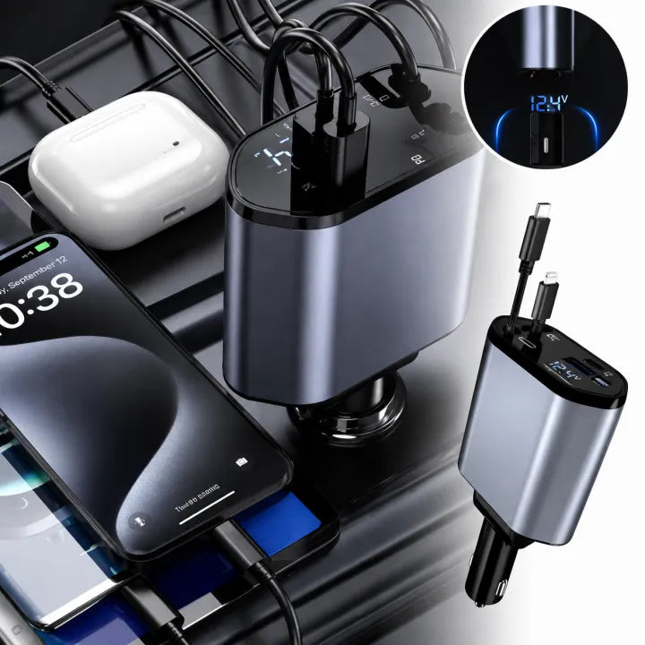 4-in-1 Retractable Car Charger 66W Fast Charging